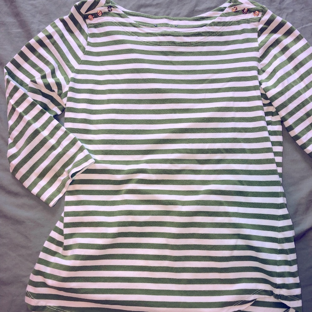 Green & White Stripe 3/4 Sleeve Button Detail Top